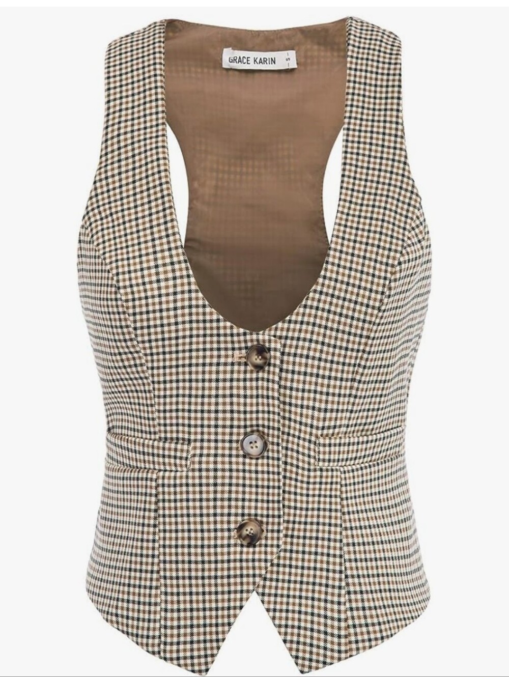 Grace Karin Brown and Cream Houndstooth Vest Large NWT